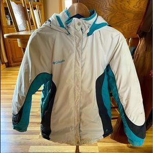 Women’s Columbia winter coat. White & teal, gray interior size Medium super warm